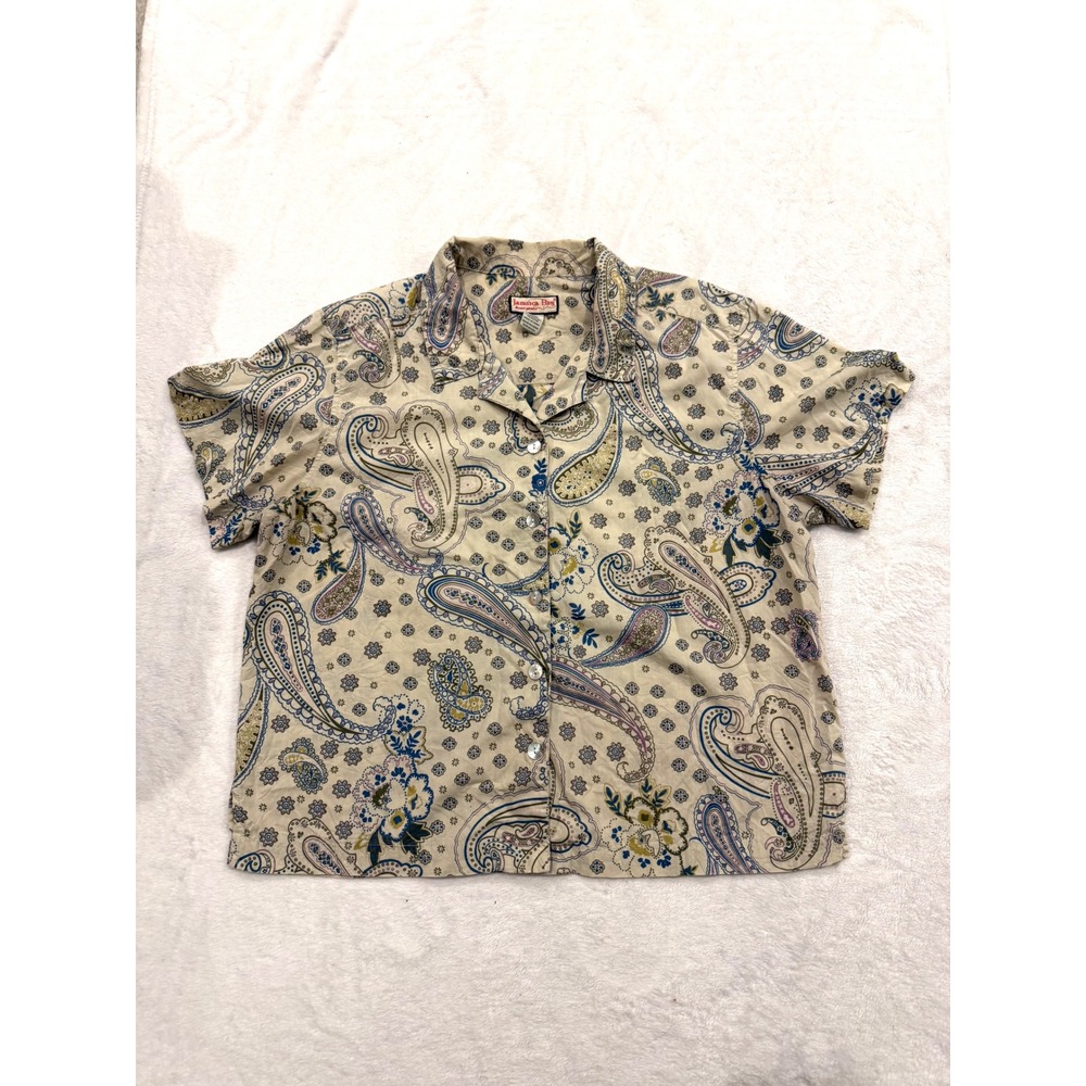 Jamaica Bay Womens XL Paisley Button Down Shirt Short Sleeve Cotton Blend Beige